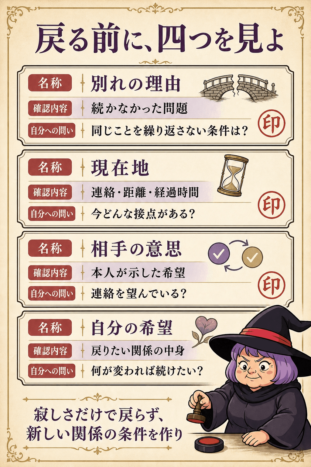 復縁を別れの理由・現在地・相手の意思・自分の希望で整理した図解