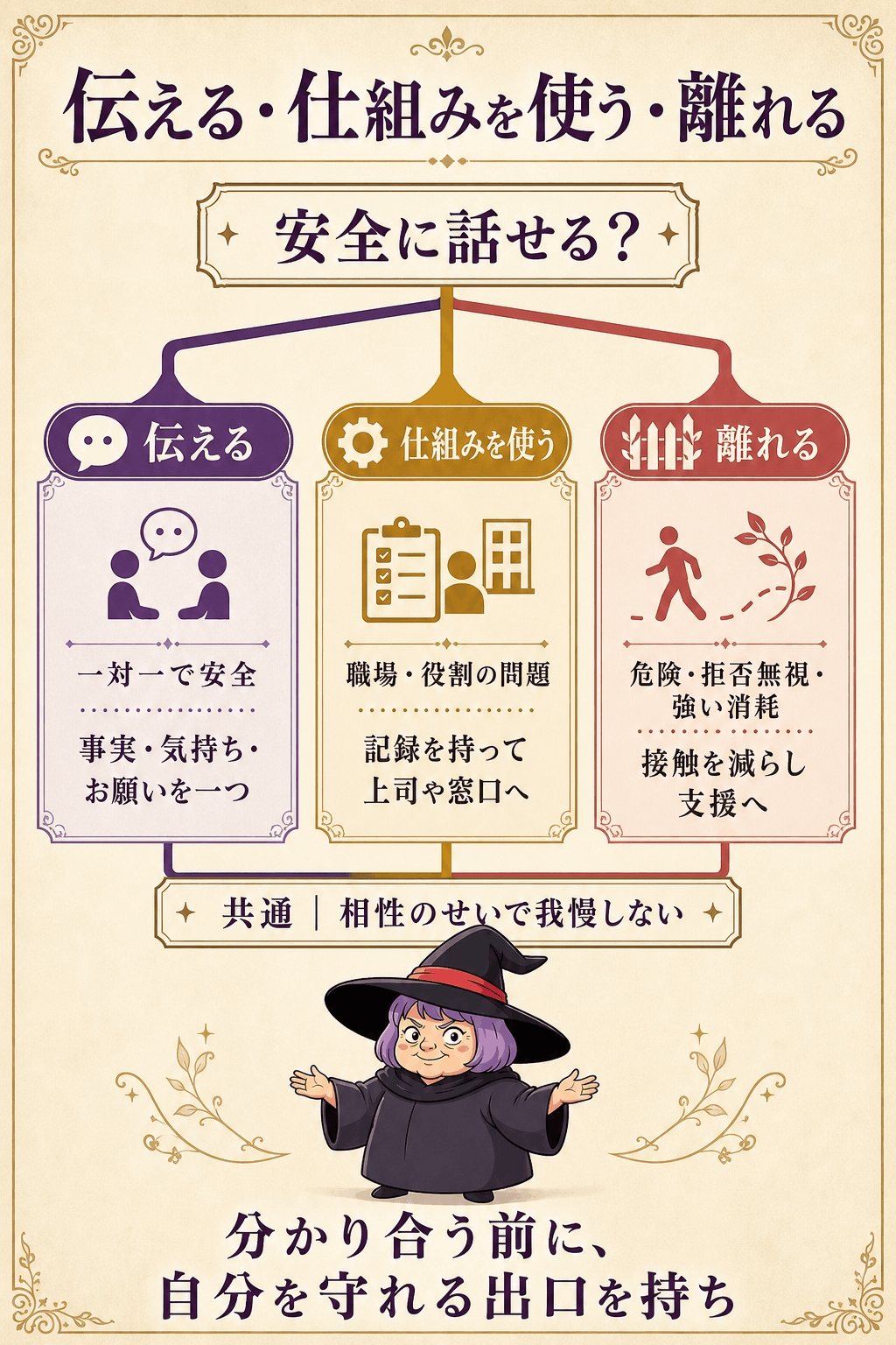 人間関係の出来事から伝える・制度を使う・距離を置くを選ぶ手順図