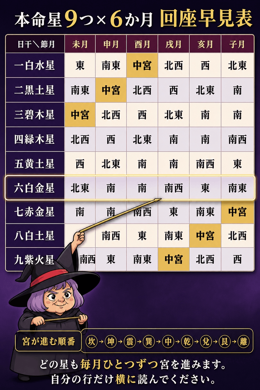 本命星9つと六つの節月を交差させ、回座する宮を色分けした54マスの早見表