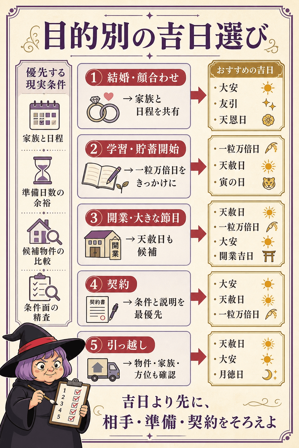 吉日を目的・準備・相手・費用・予備日の五条件で選ぶ手順図