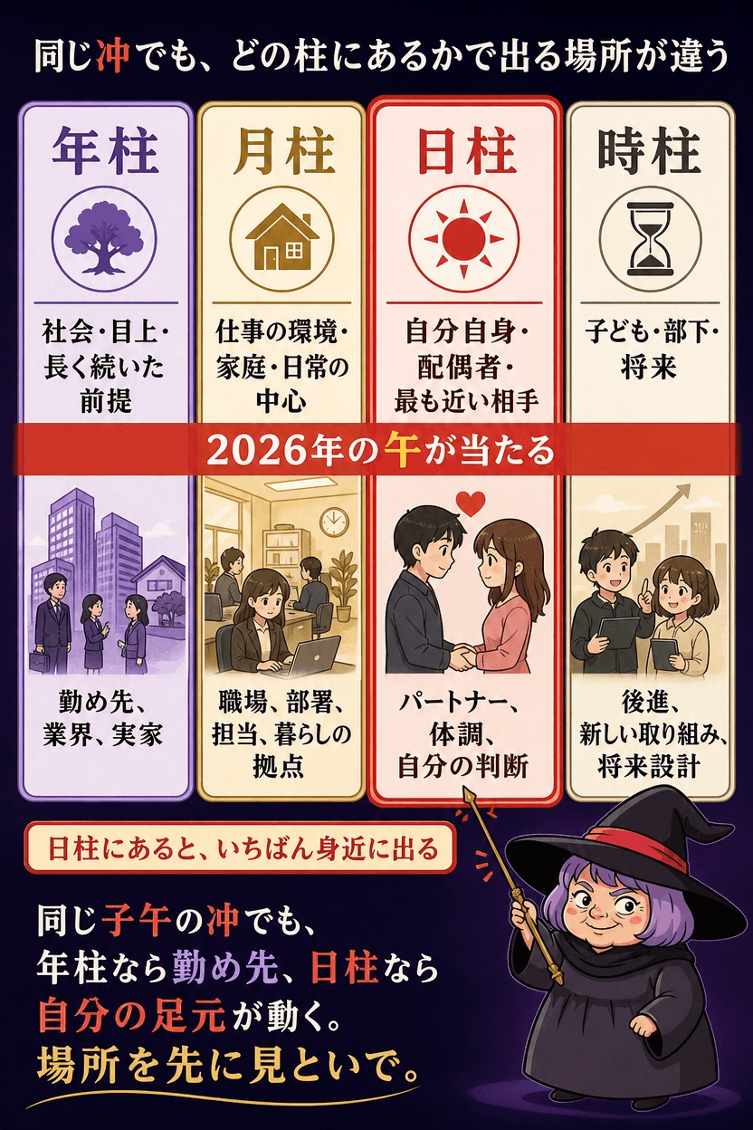 年柱・月柱・日柱・時柱それぞれに冲や合がある場合の出る場面を四段で示した図解