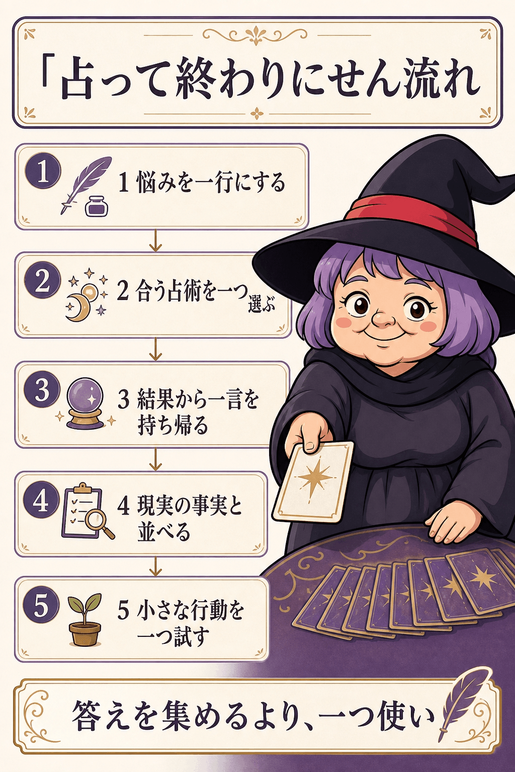 悩みを一つの質問に整え、占い結果から一つ行動を選ぶ流れの図解