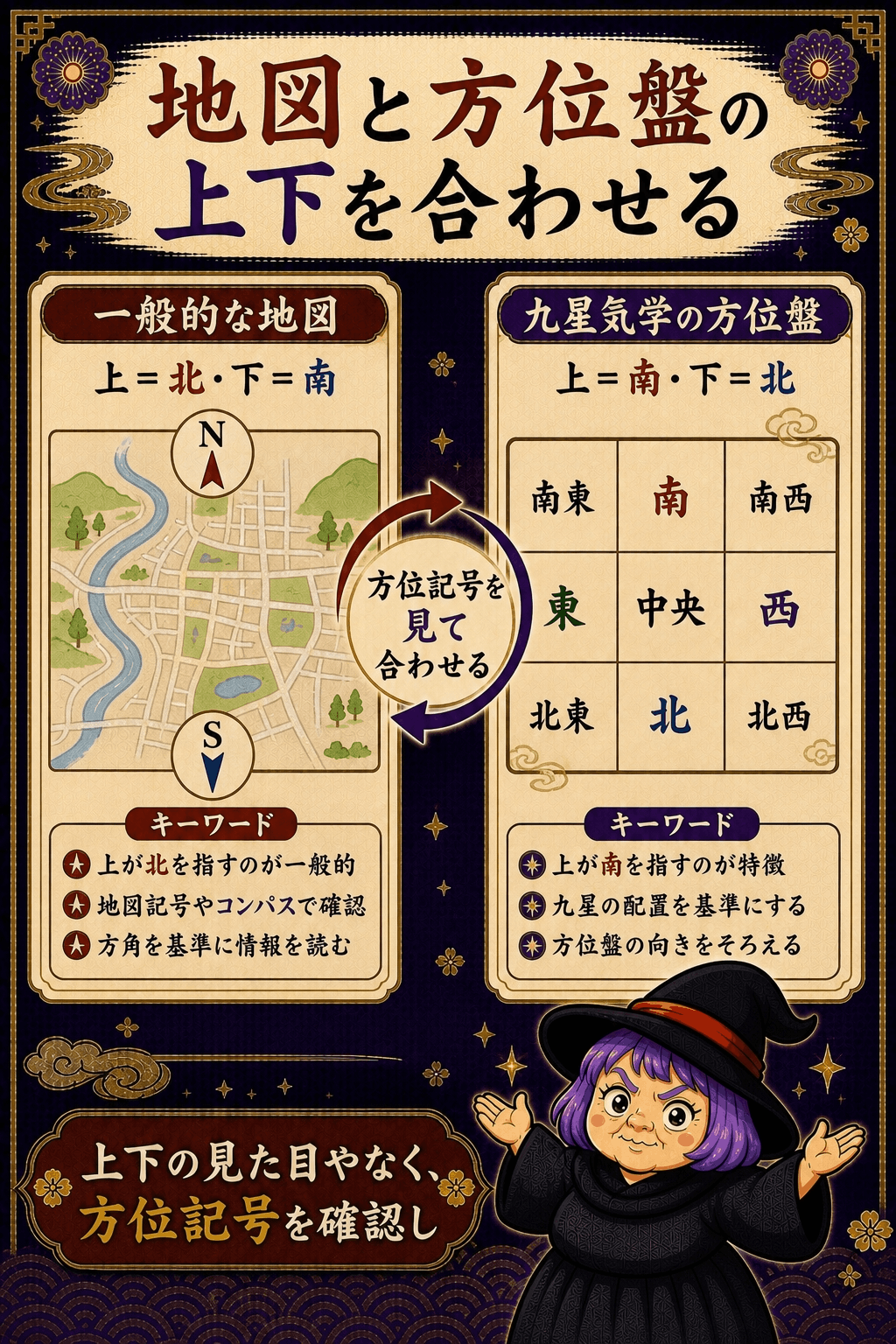 地図は上が北で方位盤は上が南になりやすい違いを示す図解