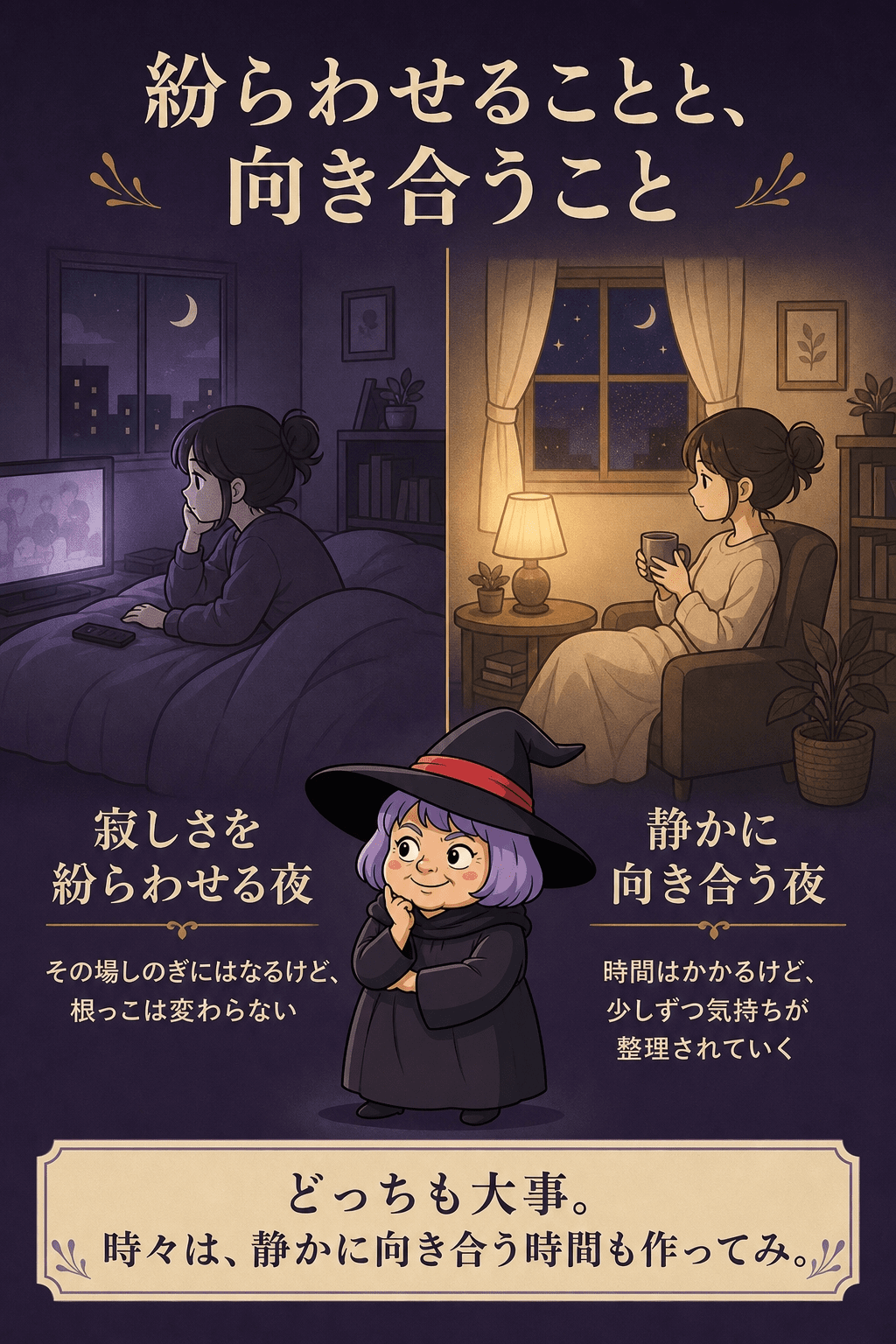 賑やかに気を紛らわせる夜と、静かに自分の感情と向き合う夜を対比するイラスト