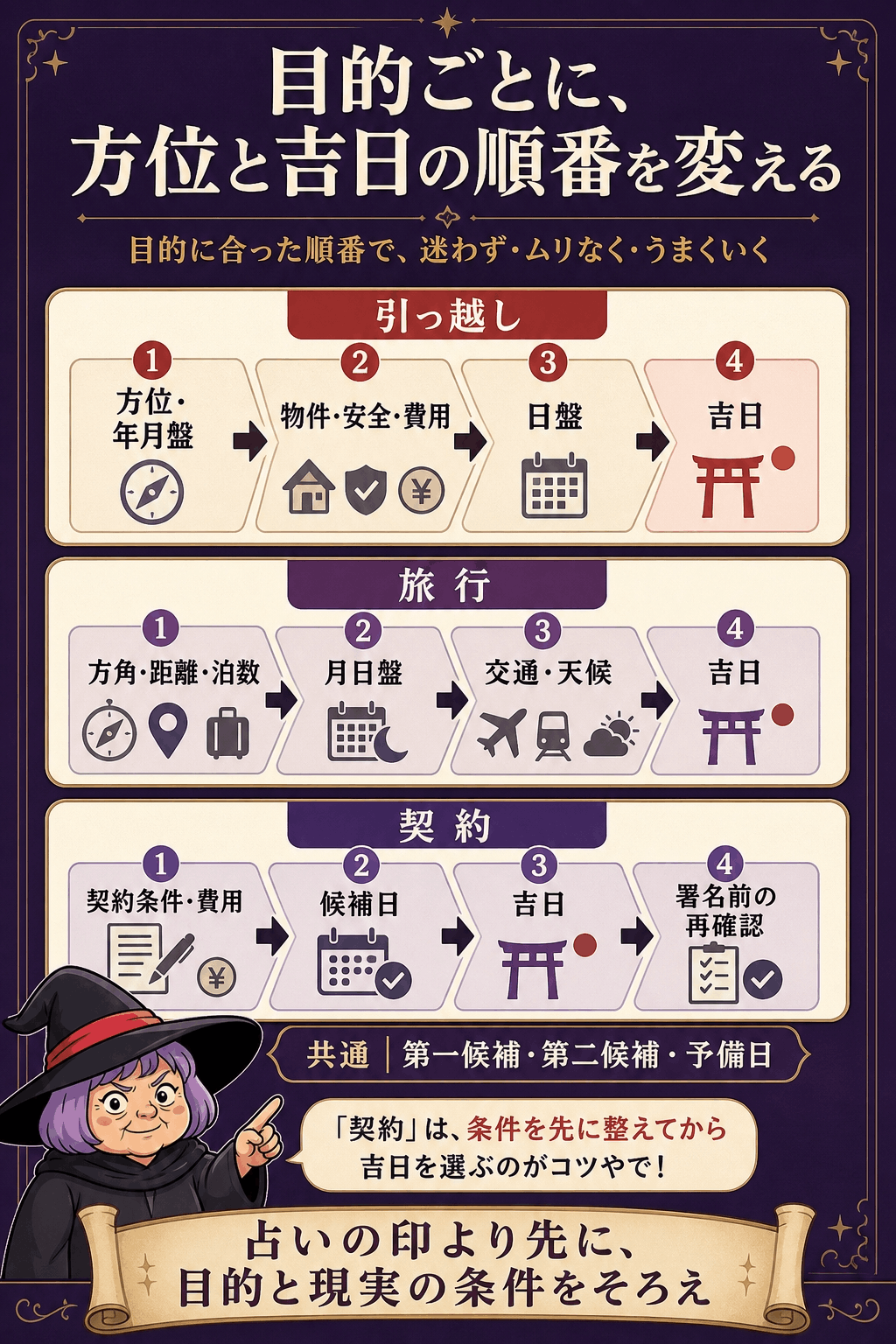 引っ越し・旅行・契約で方位と吉日を重ねる順番を比較した図解