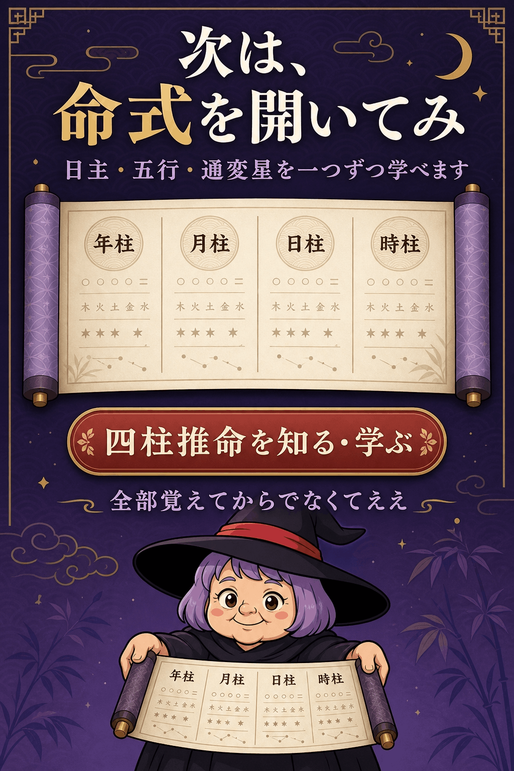 四柱推命の全体像を知った読者へ次に命式の基礎を読むよう案内する占いババ