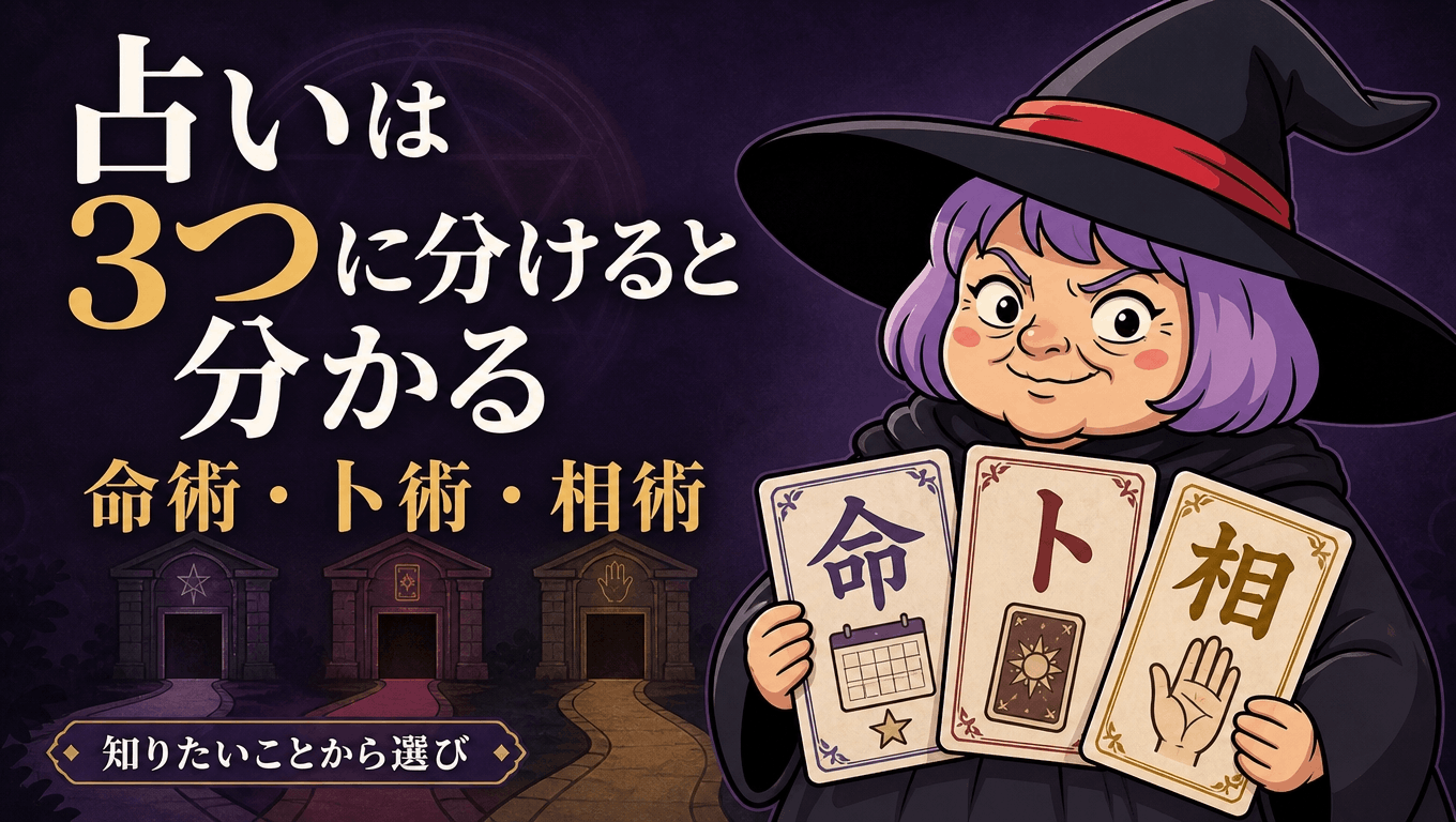 命術・卜術・相術の三つの扉を示し、自分に合う占いへ案内する占いババ