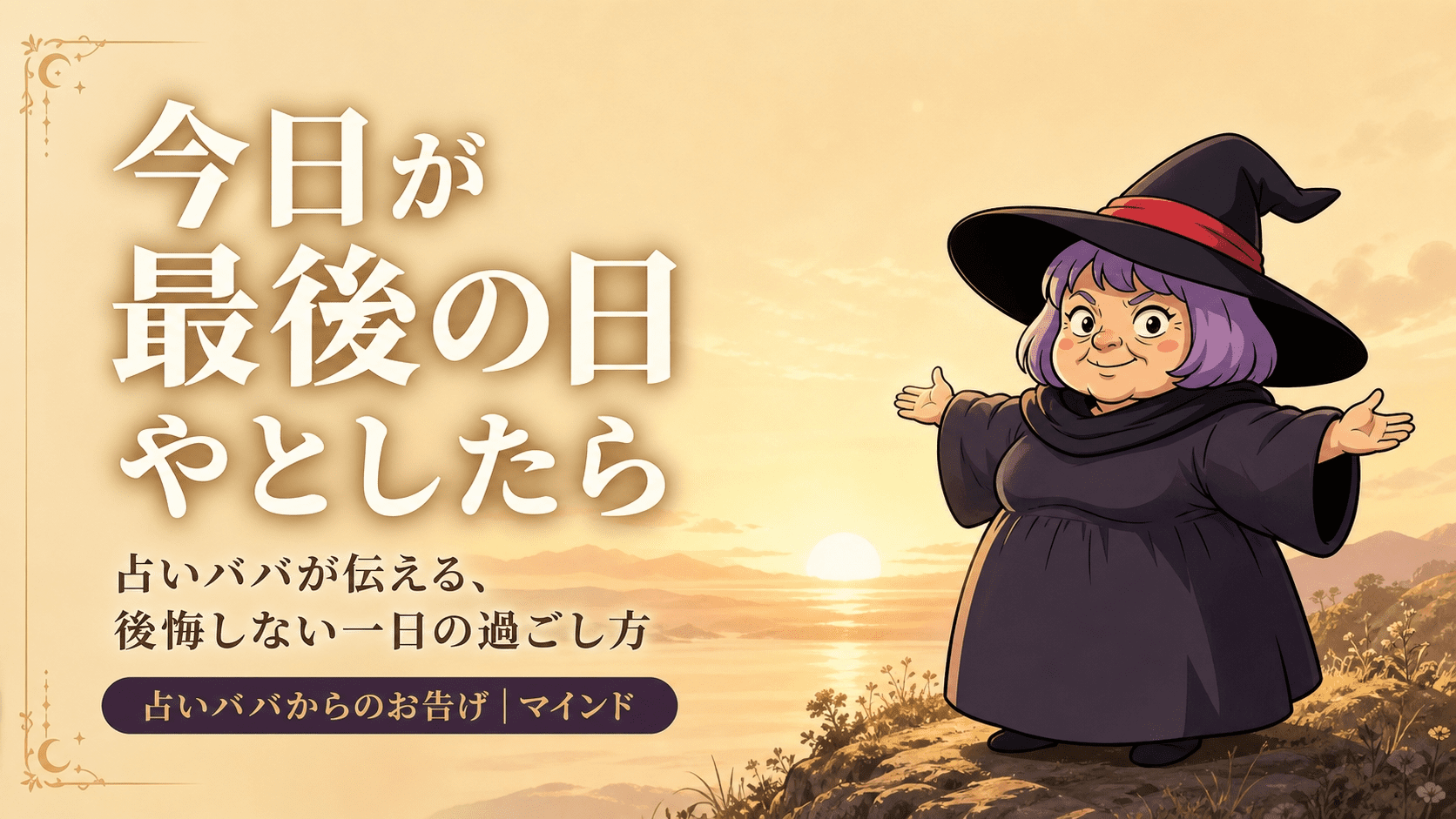 朝日を浴びる人影と、静かに寄り添う占いババのイラスト