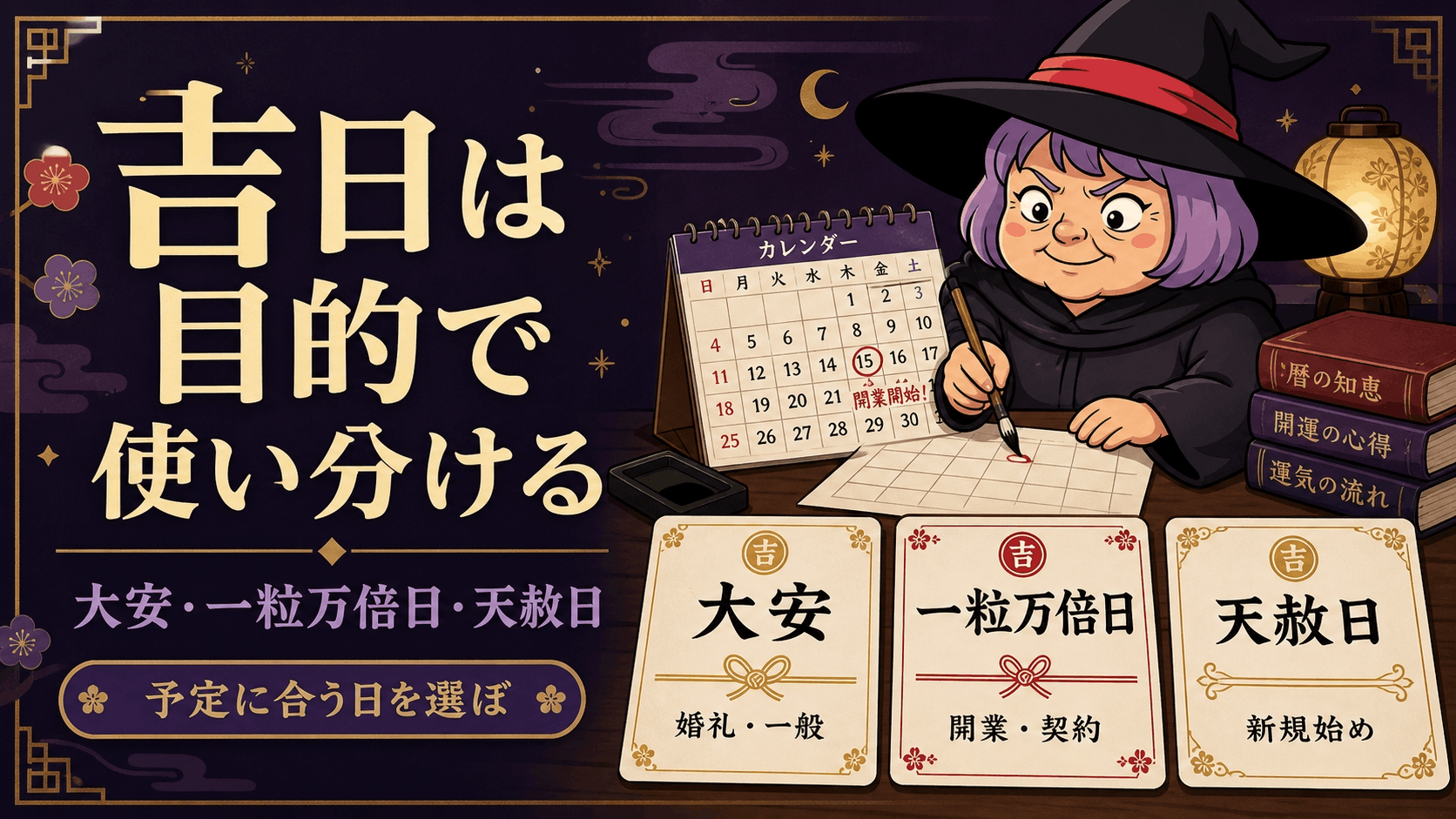 大安・一粒万倍日・天赦日の三枚の暦カードを予定別に案内する占いババ