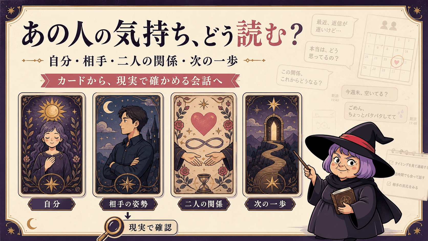 自分・相手・二人の関係・次の一歩の恋愛タロットを案内する占いババ